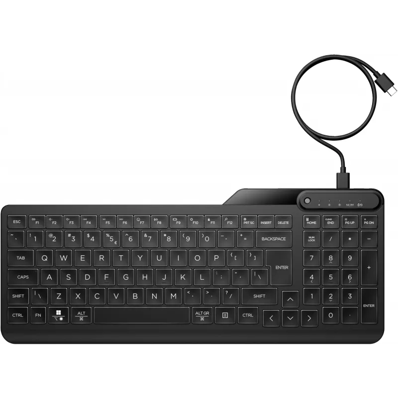 HP 405 Multi-Device Backlit Wired Keyboard, Full-size (100%), Wired, USB, Membrane, Black