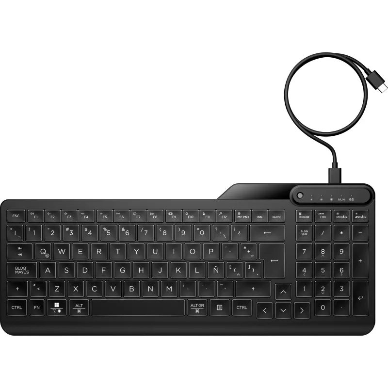 HP 405 Multi-Device Backlit Wired Keyboard, Full-size (100%), Wired, USB, Membrane, Black