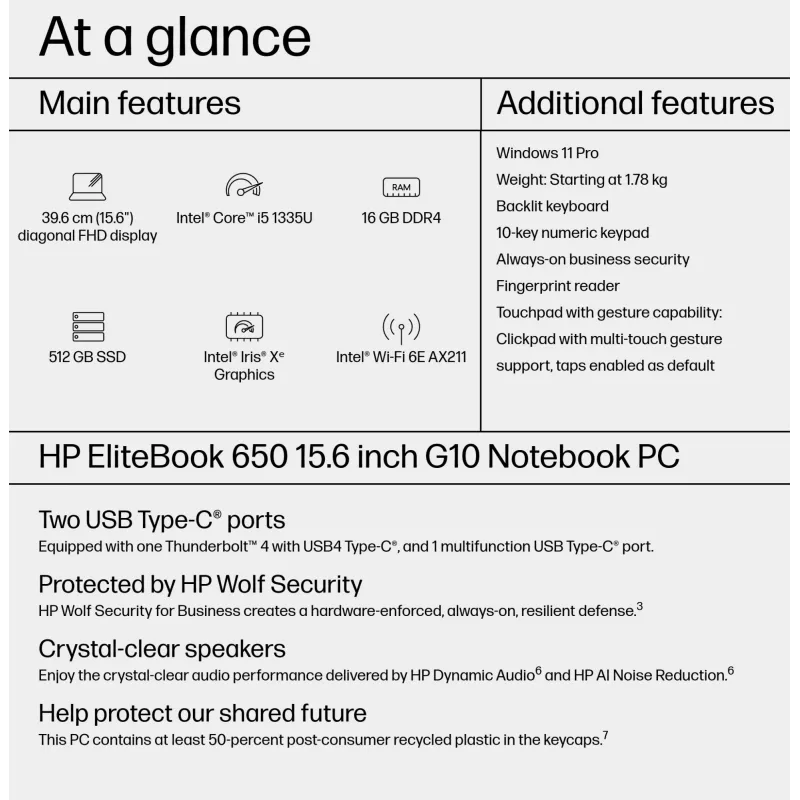 HP EliteBook 650 G10 Intel® Core™ i5 i5-1335U Laptop 39.6 cm (15.6 inch) Full HD 16 GB DDR4-SDRAM 512 GB SSD Wi-Fi 6E (802.11ax) Windows 11 Pro Silver