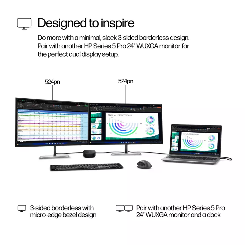HP Series 5 Pro 24 inch WUXGA Monitor - 524pn, 61 cm (24 inch), 1920 x 1200 pixels, WUXGA, LCD, 5 ms, Black