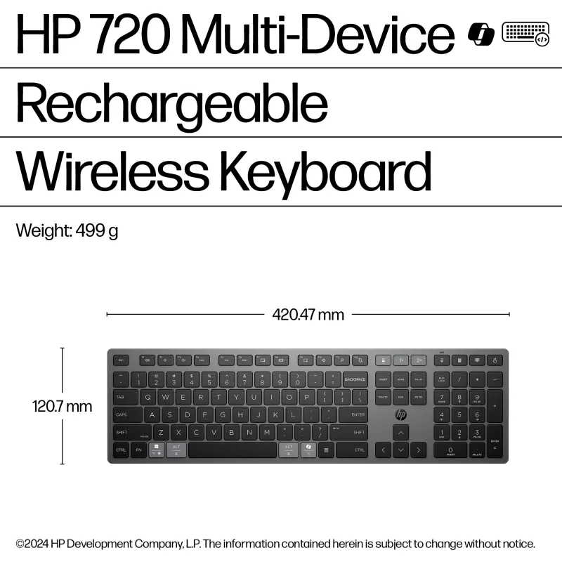HP 720 Multi-Device Rechargeable Wireless Keyboard, Full-size (100%), Wireless, USB + Bluetooth, Mechanical, QWERTY, Black