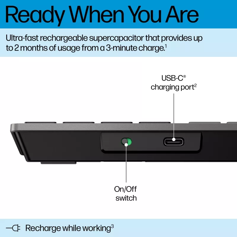 HP 720 Multi-Device Rechargeable Wireless Keyboard, Full-size (100%), Wireless, USB + Bluetooth, Mechanical, QWERTY, Black
