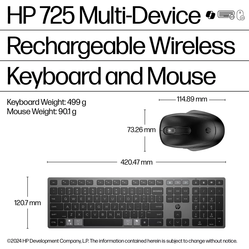 HP 725 Multi-Device Rechargeable Wireless Keyboard and Mouse Combo Full-size Wireless Bluetooth