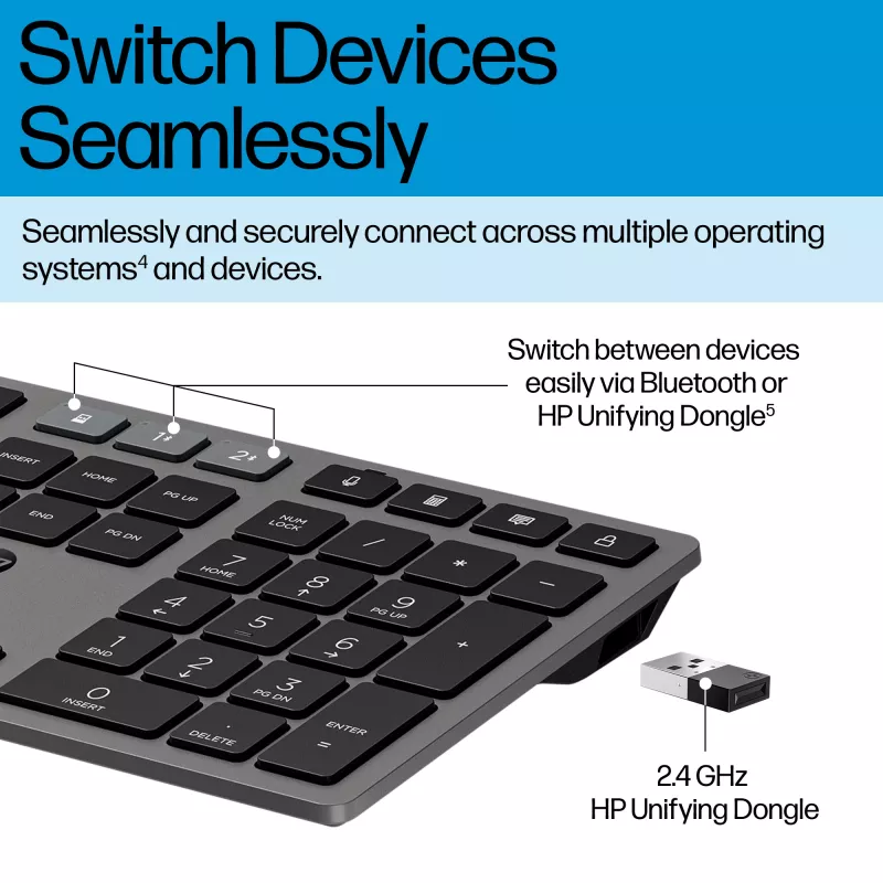 HP 725 Multi-Device Rechargeable Wireless Keyboard and Mouse Combo Full-size Wireless Bluetooth