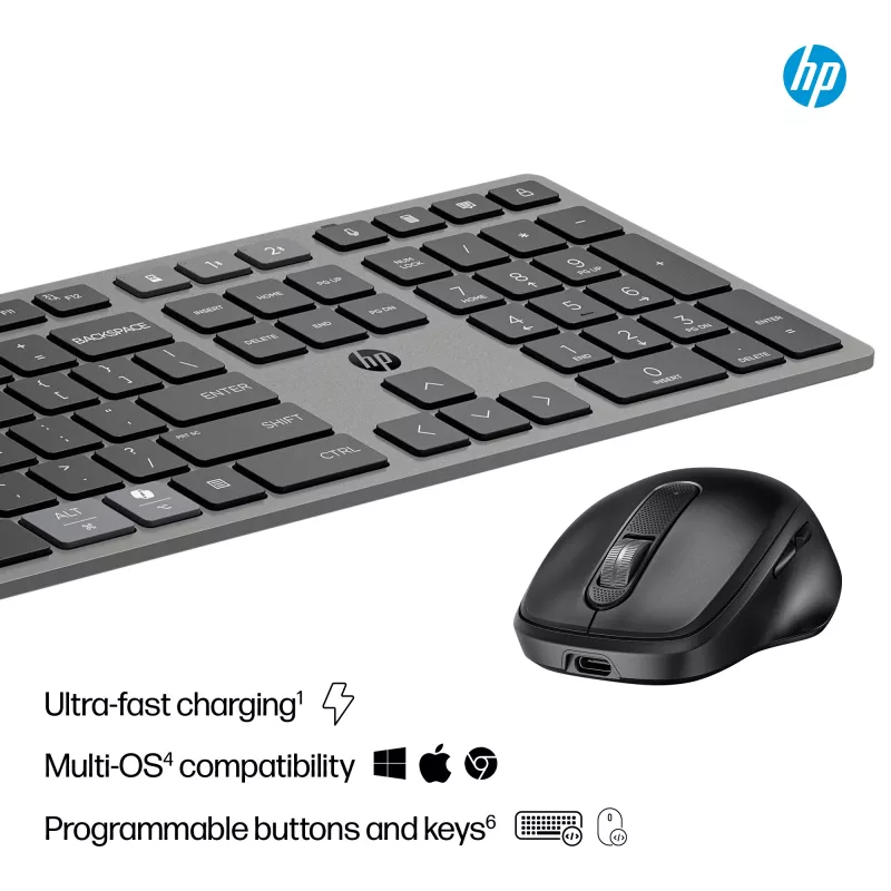 HP 725 Multi-Device Rechargeable Wireless Keyboard and Mouse Combo Full-size Wireless Bluetooth