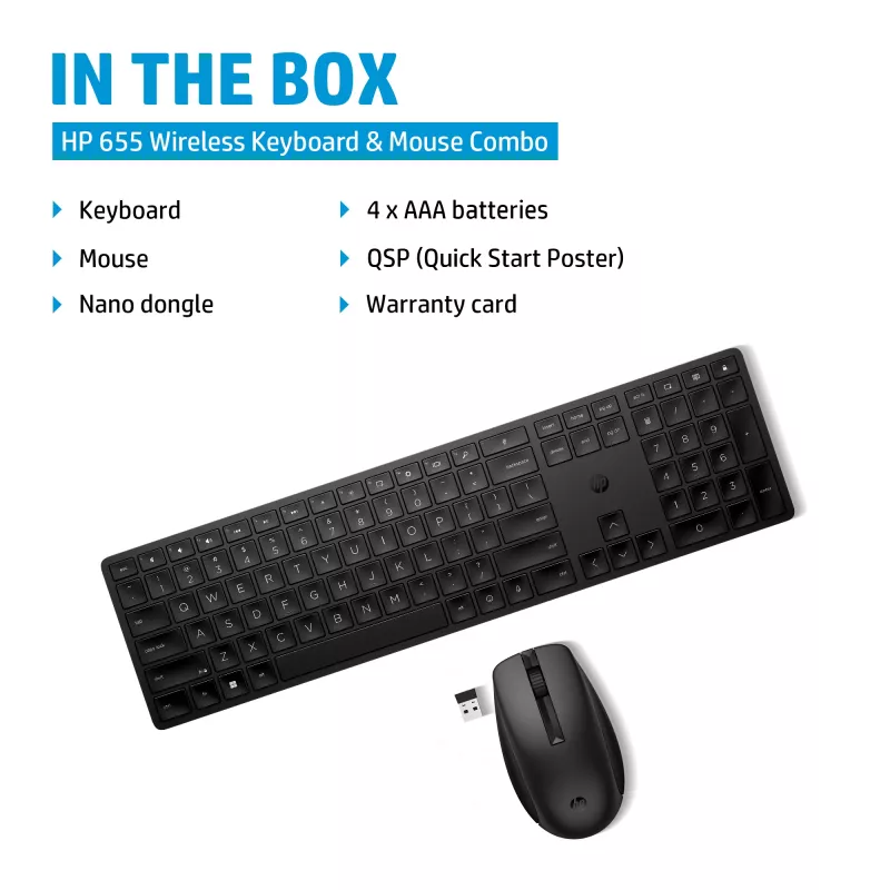 HP 655 Wireless Keyboard and Mouse Combo, Black, Mouse included
