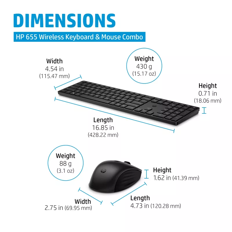 HP 655 Wireless Keyboard and Mouse Combo, Black, Mouse included