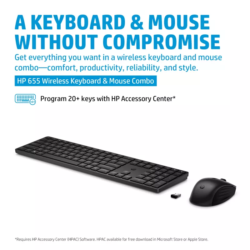 HP 655 Wireless Keyboard and Mouse Combo, Black, Mouse included