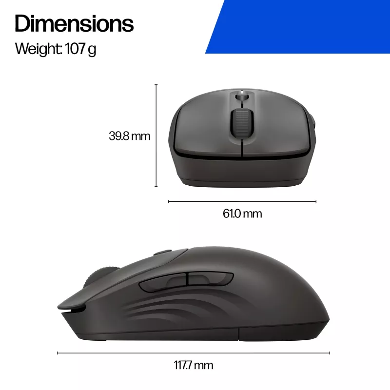 Wireless mouse HP 405 Quiet — ambidextrous, Optical 1200 DPI, RF Wireless + Bluetooth, 5 buttons, battery-powered, black