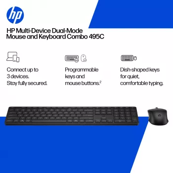 Keyboard and Mouse Combo HP 495C — Full-size wireless keyboard, multi-device mouse, USB/RF/Bluetooth, black