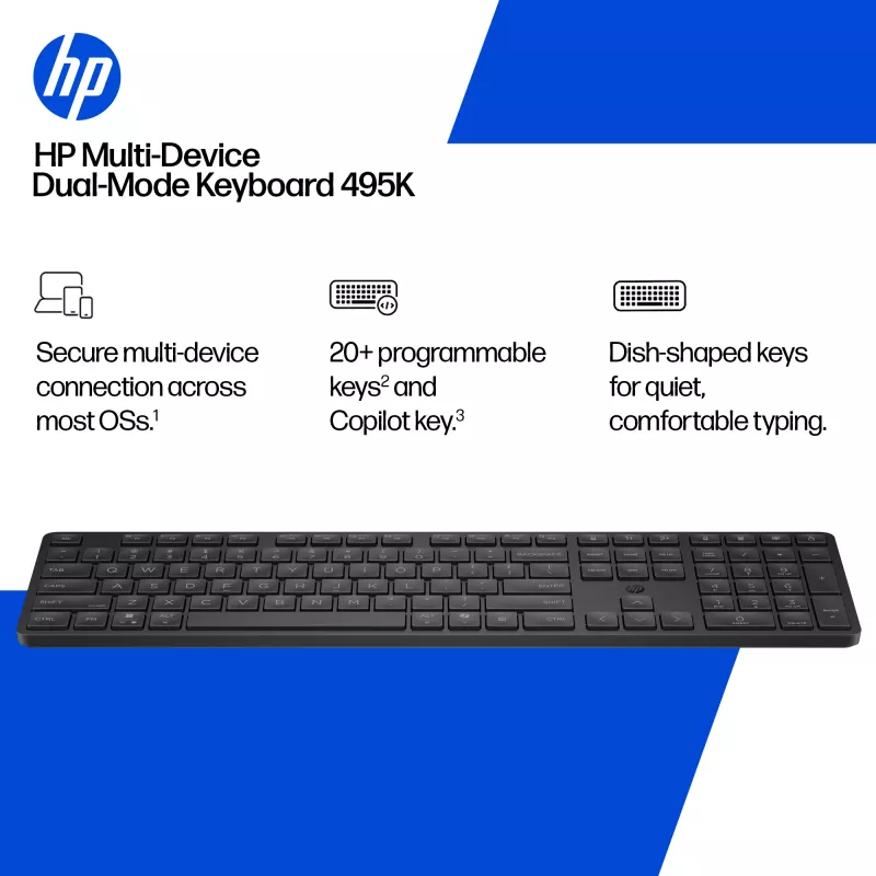HP 495K Multi-Device Dual-Mode Keyboard, Full-size (100%), Wireless, USB + Bluetooth, Black