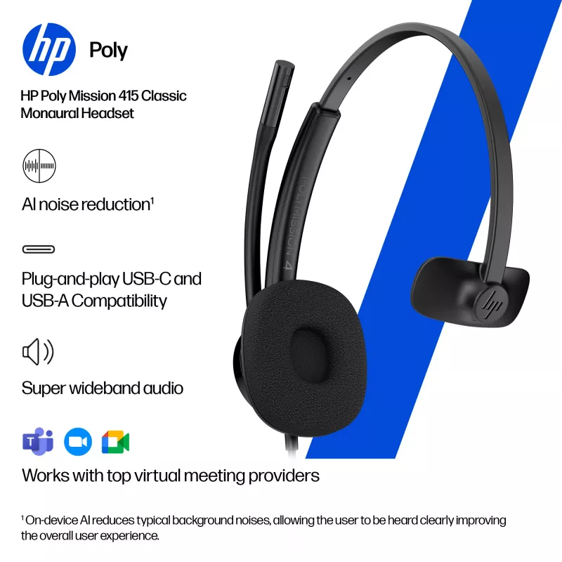 HP Poly Mission 415 Monaural USB Wired Headset (Bulk), 99 g, Black