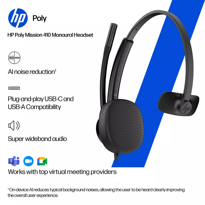HP Poly Mission 415 Monaural USB Wired Headset (Bulk), 99 g, Black