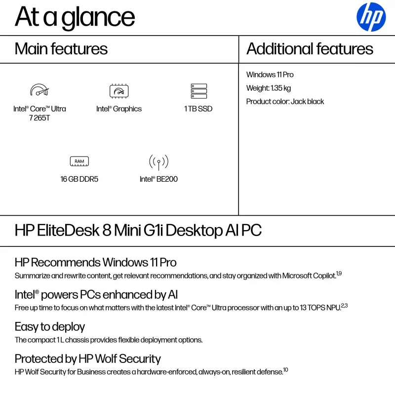 Mini PC HP EliteDesk 8 Mini G1i AI — Intel Core Ultra 7 265T, 16 GB DDR5, 1 TB SSD, Windows 11 Pro, Black