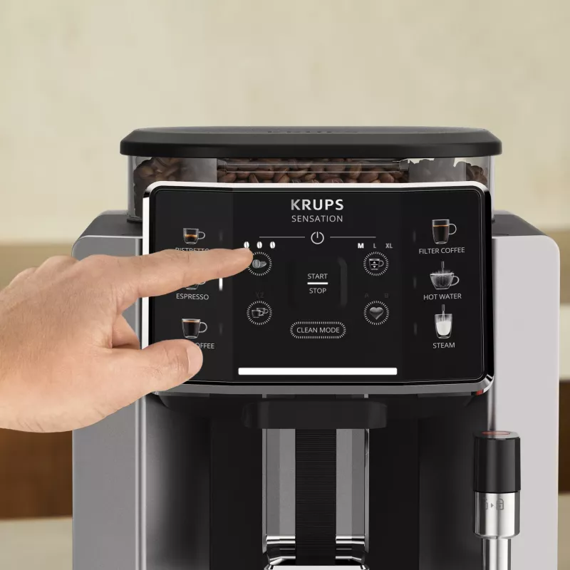 Espresso machine KRUPS Sensation EA910E — fully automatic, 1.7 L water tank, built-in grinder, 2 spouts, 1450 W