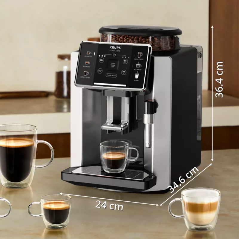Espresso machine KRUPS Sensation EA910E — fully automatic, 1.7 L water tank, built-in grinder, 2 spouts, 1450 W