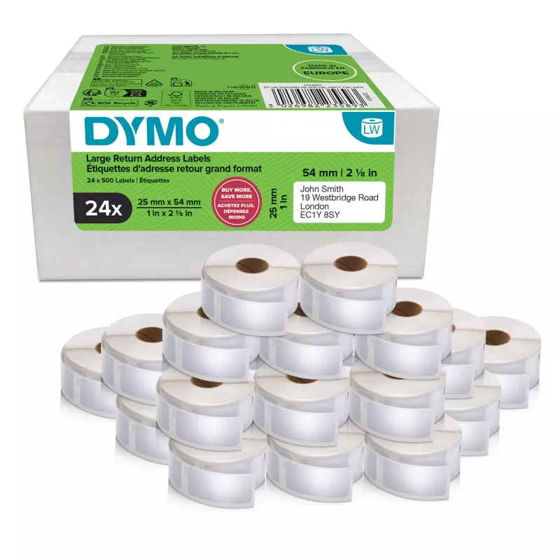 Label rolls Dymo 2223589 — white paper labels 5.4 × 2.5 cm, 500 labels/roll, 12000 labels/pack, FSC