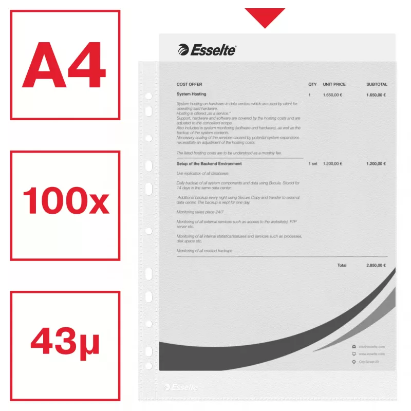 Esselte Plastic Pockets A4 – Economy –, 210 x 297 mm (A4), Transparent, Polypropylene (PP), Portrait, Top, 230 mm