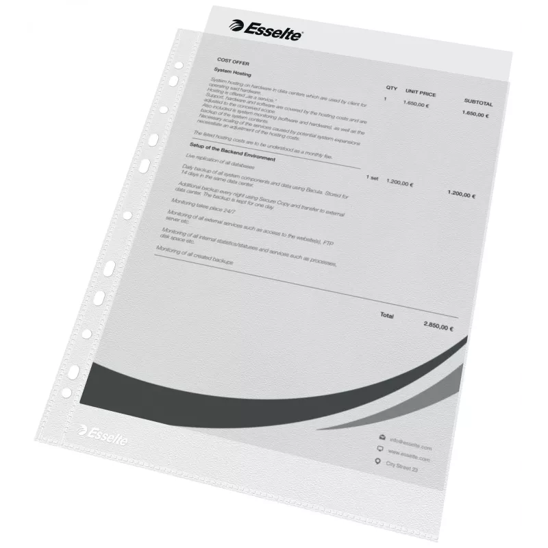 Esselte Plastic Pockets A4 – Economy –, 210 x 297 mm (A4), Transparent, Polypropylene (PP), Portrait, Top, 230 mm