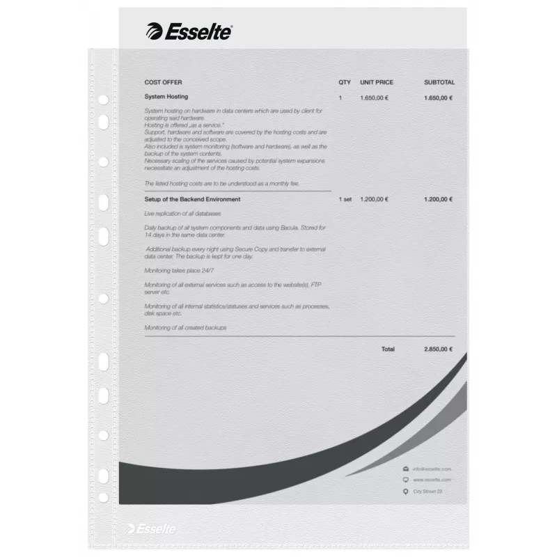 Esselte Plastic Pockets A4 – Economy –, 210 x 297 mm (A4), Transparent, Polypropylene (PP), Portrait, Top, 230 mm