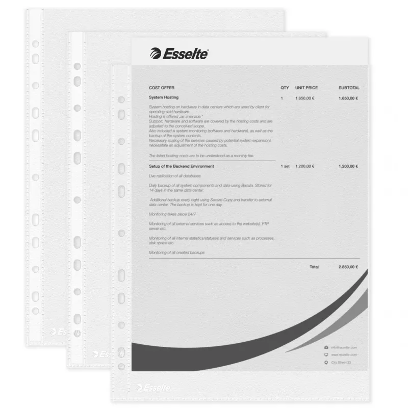 Esselte Plastic Pockets A4 – Economy –, 210 x 297 mm (A4), Transparent, Polypropylene (PP), Portrait, Top, 230 mm