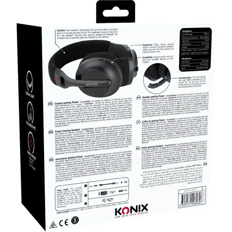 Konix PULSAR Headset Wired & Wireless Head-band Gaming USB Type-C Bluetooth Black