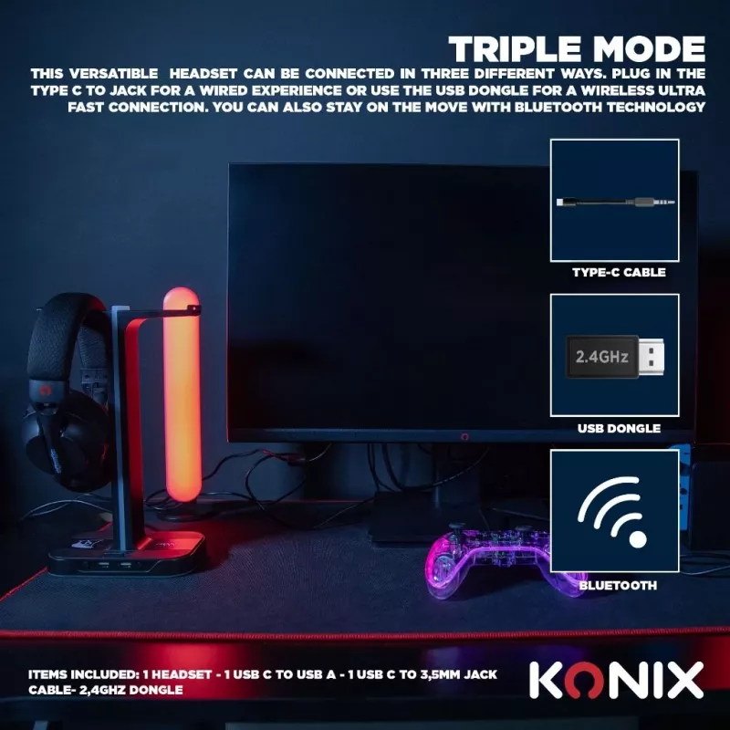 Konix PULSAR Headset Wired & Wireless Head-band Gaming USB Type-C Bluetooth Black