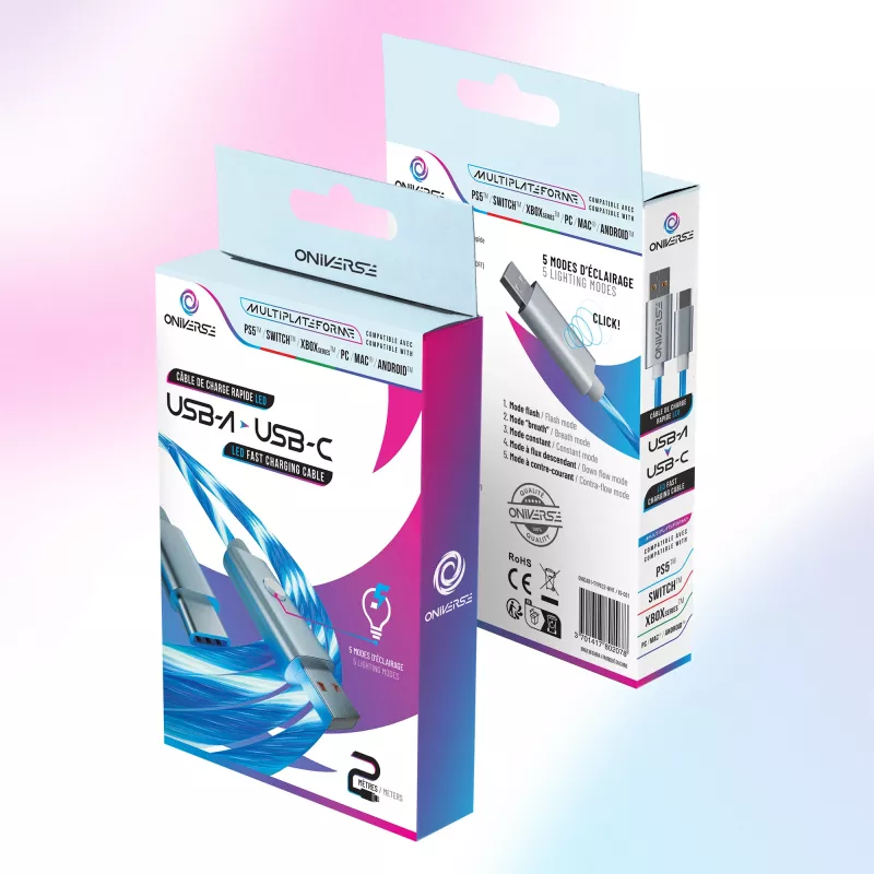Oniverse USB-A to USB-C Quick Charge Cable with LED - 2 meters - White (Multiplatform)