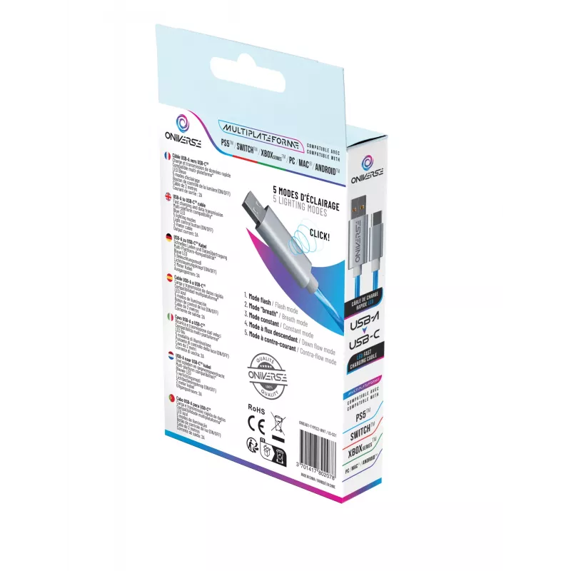Oniverse USB-C to USB-C fast charging cable - 2 meters - LED (Multiplatform)