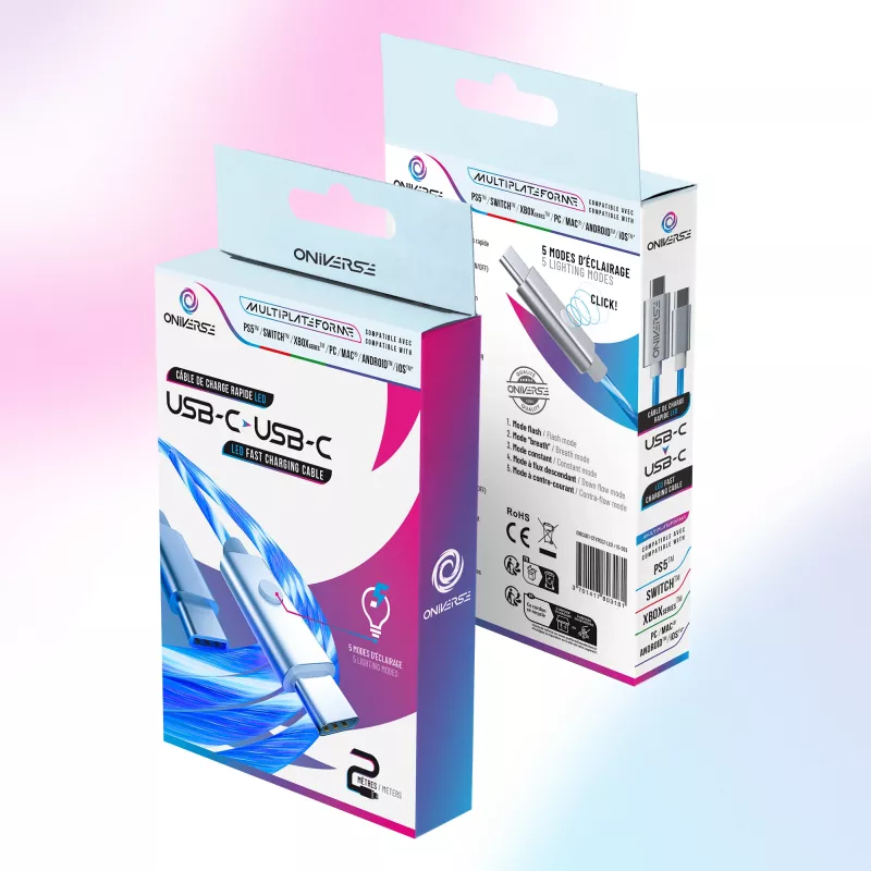Oniverse USB-C to USB-C fast charging cable - 2 meters - LED (Multiplatform)