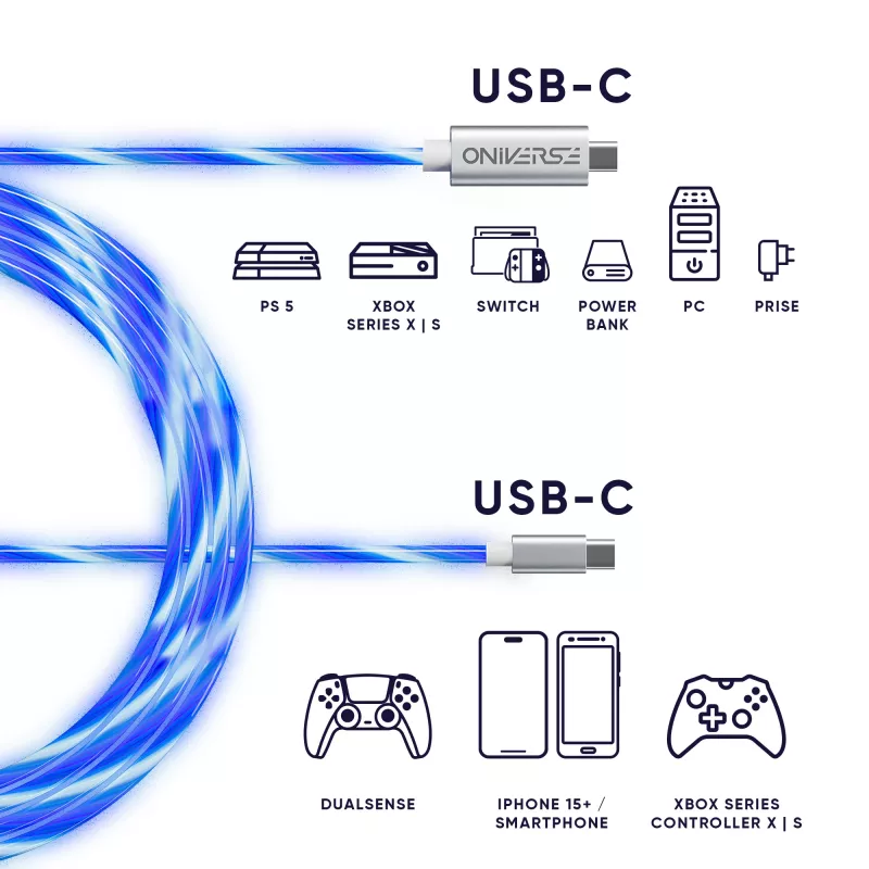 Oniverse USB-C to USB-C fast charging cable - 2 meters - LED (Multiplatform)