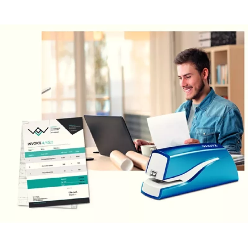 Leitz NeXXt Stapler Battery-powered WOW 5566, 10 sheets, 1 cm, Plastic, Blue, White, Battery, 50 mm