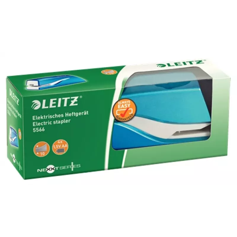 Leitz NeXXt Stapler Battery-powered WOW 5566, 10 sheets, 1 cm, Plastic, Blue, White, Battery, 50 mm