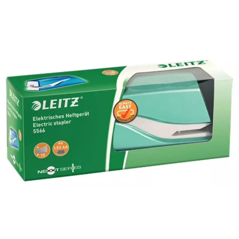 Leitz NeXXt Stapler Battery-powered WOW 5566, 10 sheets, 1 cm, Plastic, Blue, White, Battery, 50 mm