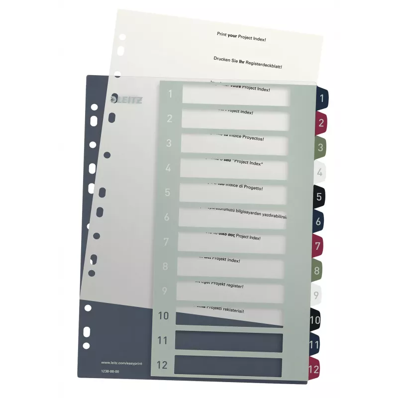 Leitz Index PC Printable 1-12 Style PP A4+, Numeric tab index, Polypropylene (PP), Multicolour, Portrait, A4 Maxi, 245 mm
