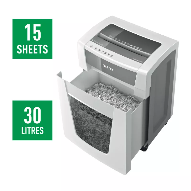 Leitz IQ Office Pro Paper Shredder P5, Micro-cut shredding, 23 cm, 2 x 15 mm, 30 L, 300 sheets, 55 dB