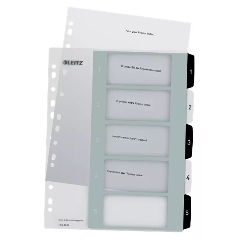 Leitz Indices Printable PP A4+ 1-5 WOW White/Black, Numeric tab index, Polypropylene (PP), Black, White, A4 Maxi, 245 mm, 305 mm