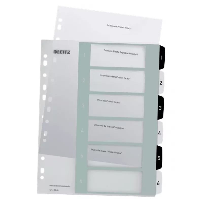 Leitz Indices Printable PP A4+ 1-6 WOW White/Black, Numeric tab index, Polypropylene (PP), Black, White, A4 Maxi, 245 mm, 305 mm