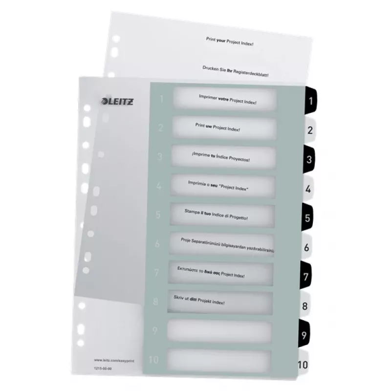 Leitz Indices Printable PP A4+ 1-10 WOW White/Black, Numeric tab index, Polypropylene (PP), Black, White, A4 Maxi, 245 mm, 305 mm