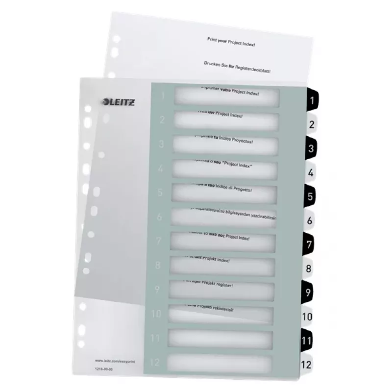 Leitz Indices Printable PP A4+ 1-12 WOW White/Black, Numeric tab index, Polypropylene (PP), Black, White, A4 Maxi, 245 mm, 305 mm