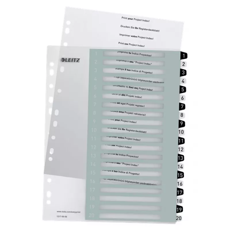Leitz Indices Printable PP A4+ 1-20 WOW White/Black, Numeric tab index, Polypropylene (PP), Black, White, A4 Maxi, 245 mm, 305 mm