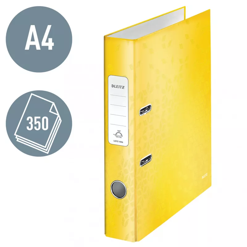 Leitz Lever Arch File 180° WOW POB/Laminated A4/50mm, A4, D-ring, Carton, Yellow, 350 sheets, 285 mm