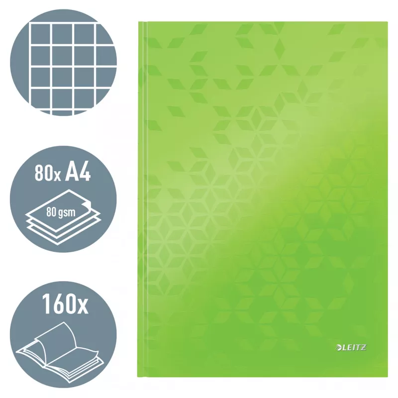 Leitz Notebook WOW A4 Squared with hardcover 90g/80sheets, Pattern, Green, A4, 80 sheets, 80 g/m², Squared paper
