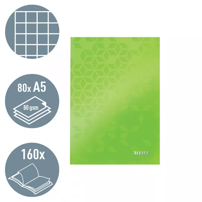 Leitz WOW Notebook A5 squared with hardcover, Pattern, Green, A5, 80 sheets, 80 g/m², Squared paper