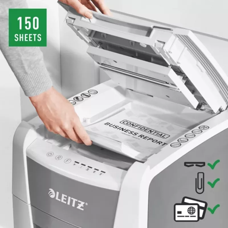 Leitz IQ Autofeed Office 150 Automatic Paper Shredder P5, Micro-cut shredding, 22 cm, 2 x 15 mm, 44 L, 500 sheets, 55 dB