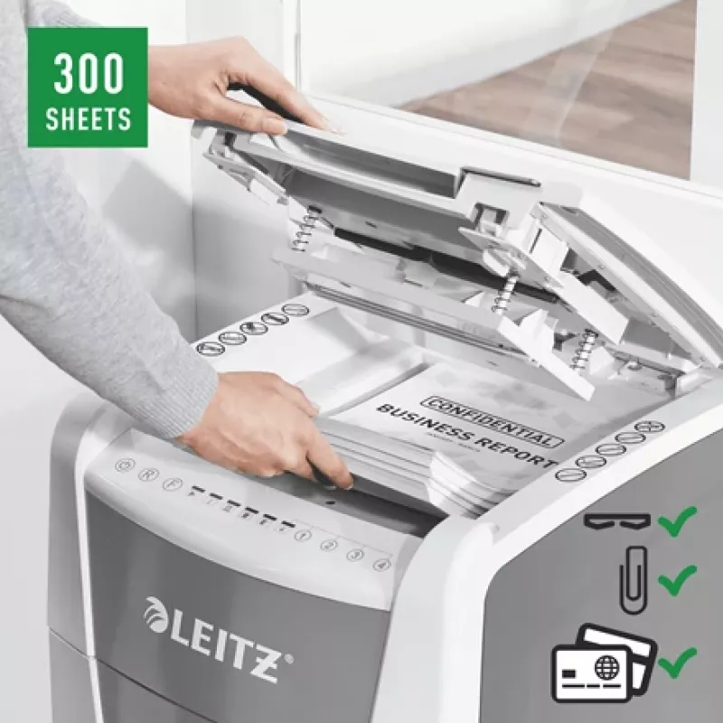 Leitz IQ Autofeed Office 300 Automatic Paper Shredder P5, Micro-cut shredding, 22 cm, 2 x 15 mm, 60 L, 700 sheets, 55 dB