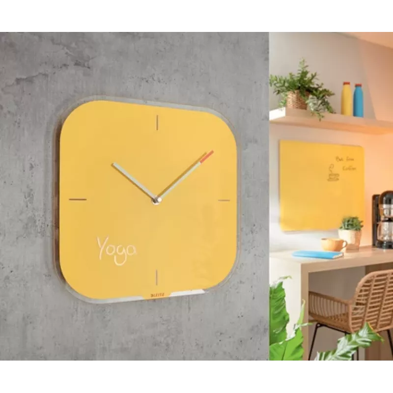 Leitz Cosy Silent Glass Wall Clock, Square, Yellow, 300 mm, 300 mm, 40 mm, 1.6 kg