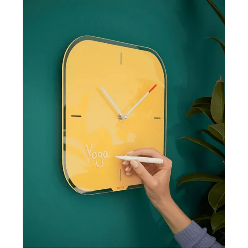 Leitz Cosy Silent Glass Wall Clock, Square, Yellow, 300 mm, 300 mm, 40 mm, 1.6 kg