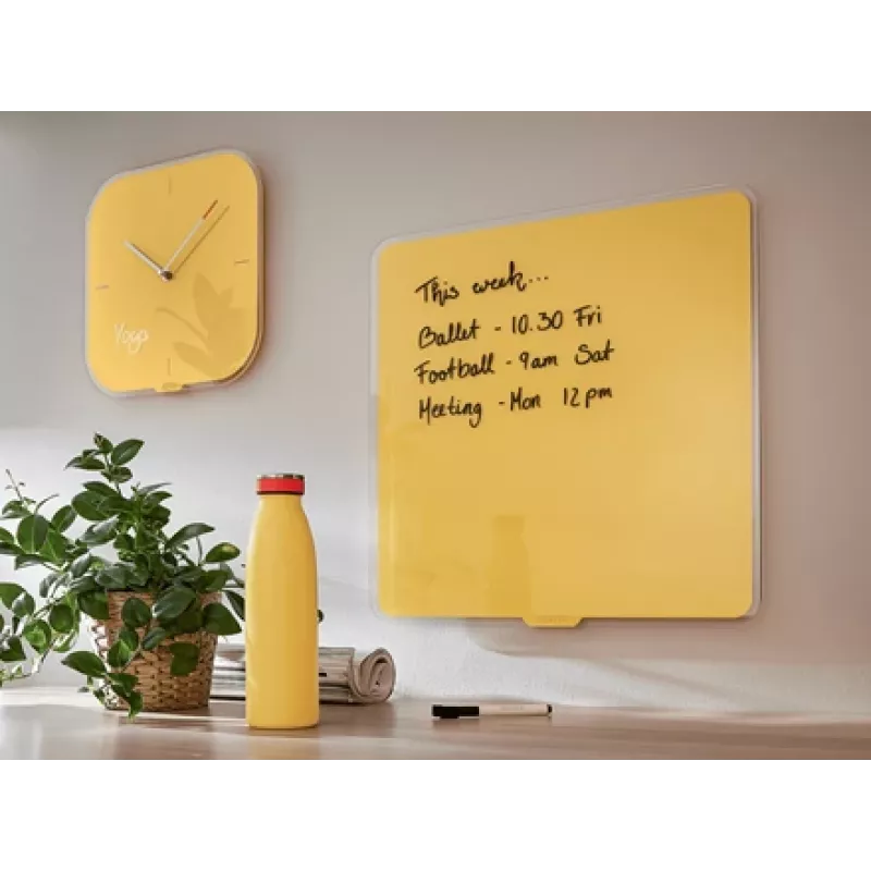 Leitz Cosy Silent Glass Wall Clock, Square, Yellow, 300 mm, 300 mm, 40 mm, 1.6 kg