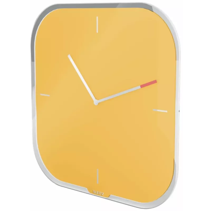 Leitz Cosy Silent Glass Wall Clock, Square, Yellow, 300 mm, 300 mm, 40 mm, 1.6 kg